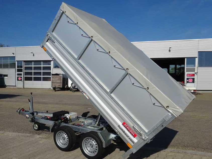 Tandem-Kipper aus Alu mit Kofferaufsatz, Planenabdeckung und Hydraulik.